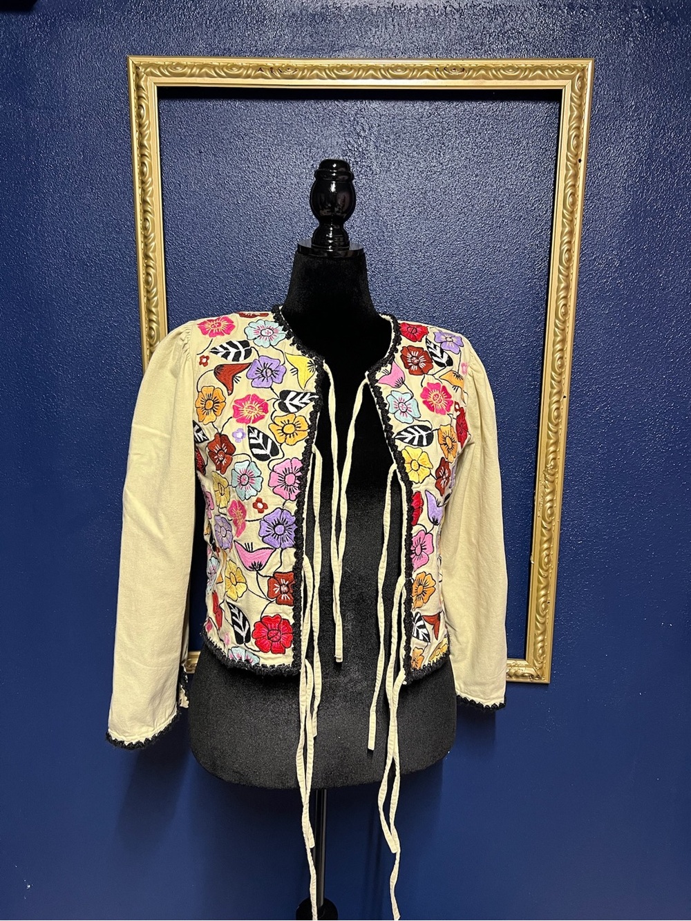 TACH Cream Embroidered Floral Tie-Front Jacket